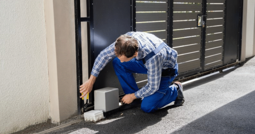 Technician installs gate motor system outside.