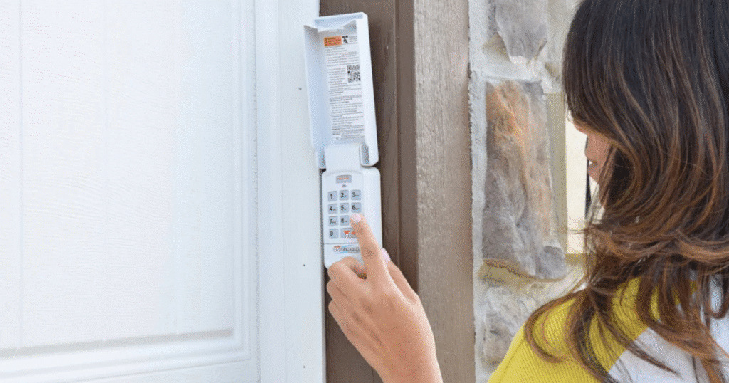 Woman enters code on outdoor garage keypad.