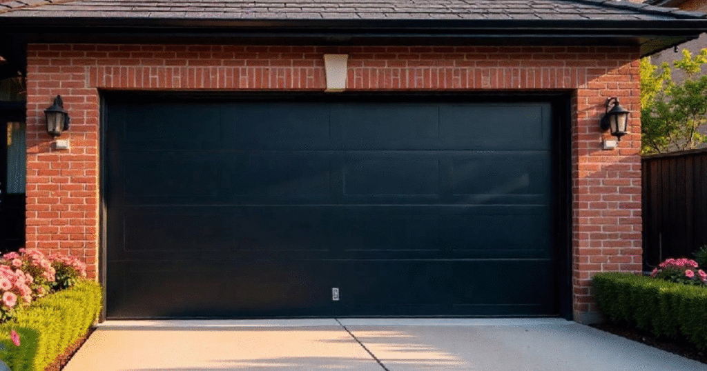 black garage door on a red brick house