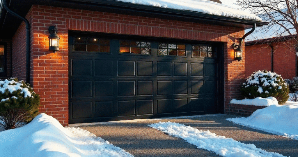 black garage doors on red brick house