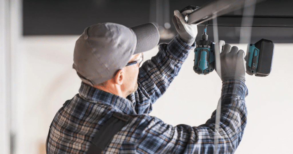 man fixing limit switch on garage door